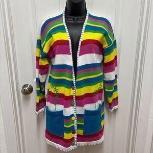 Whimsical Rainbow Stripe Embroidered‎ Parrot Cardigan Sweater
